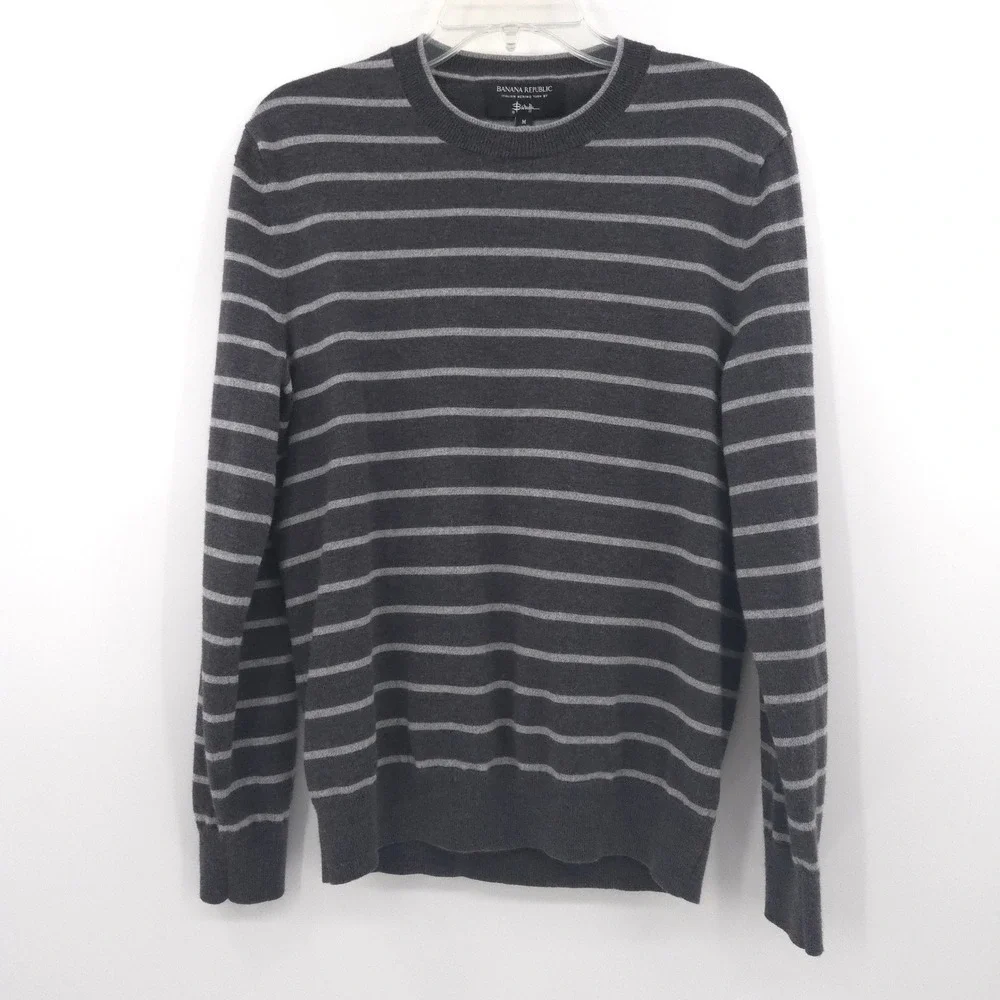 Banana Republic Italian Baruffa merino wool Sweater Mens M Gray Striped Crewneck
